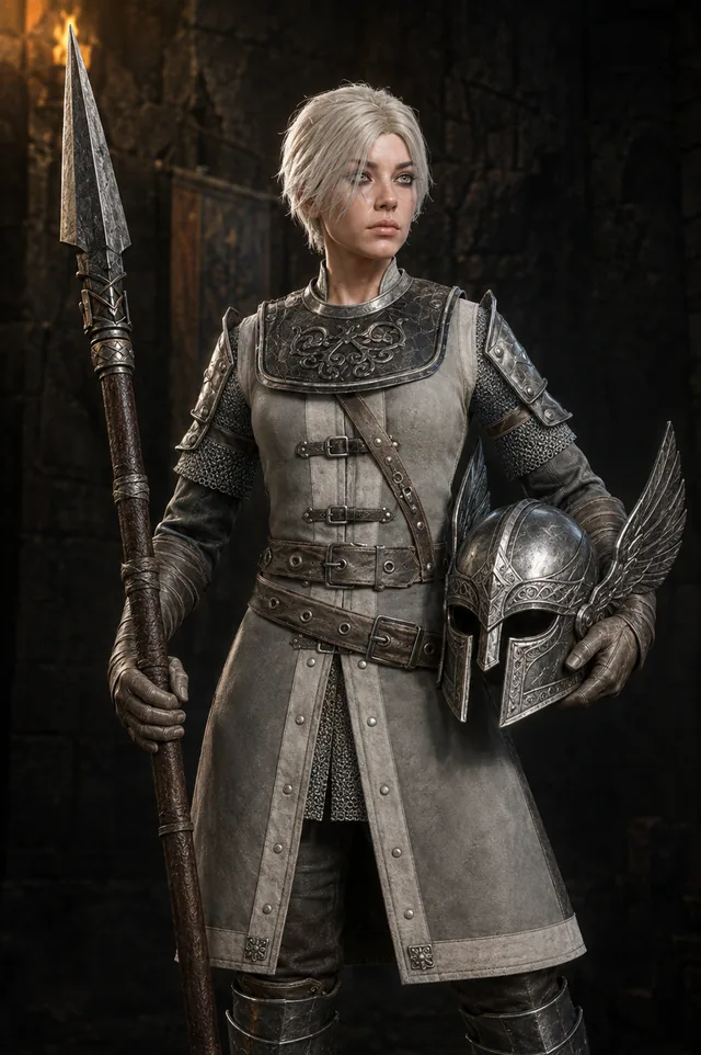 The Valkyrie in grey mail with spear and helm