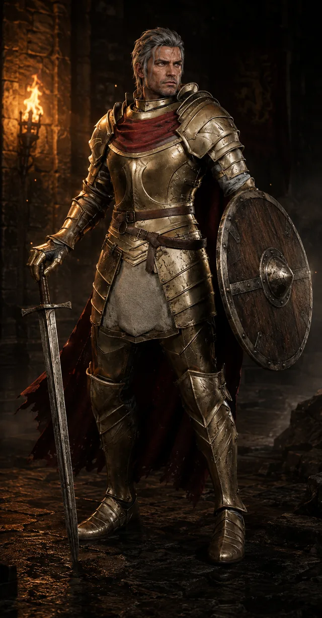 The Warrior in gold plate with sword and round shield